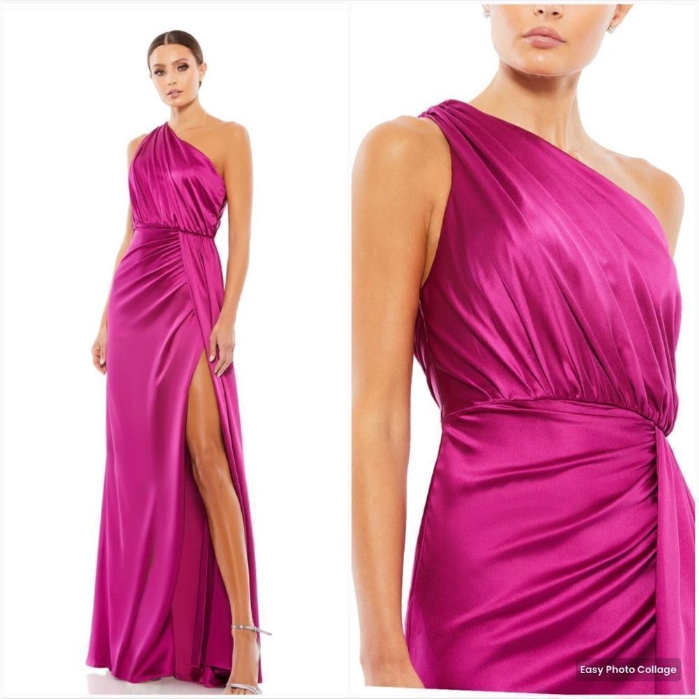 Mac Duggal 26654 Gathered One Shoulder Satin Faux Wrap Gown Dress